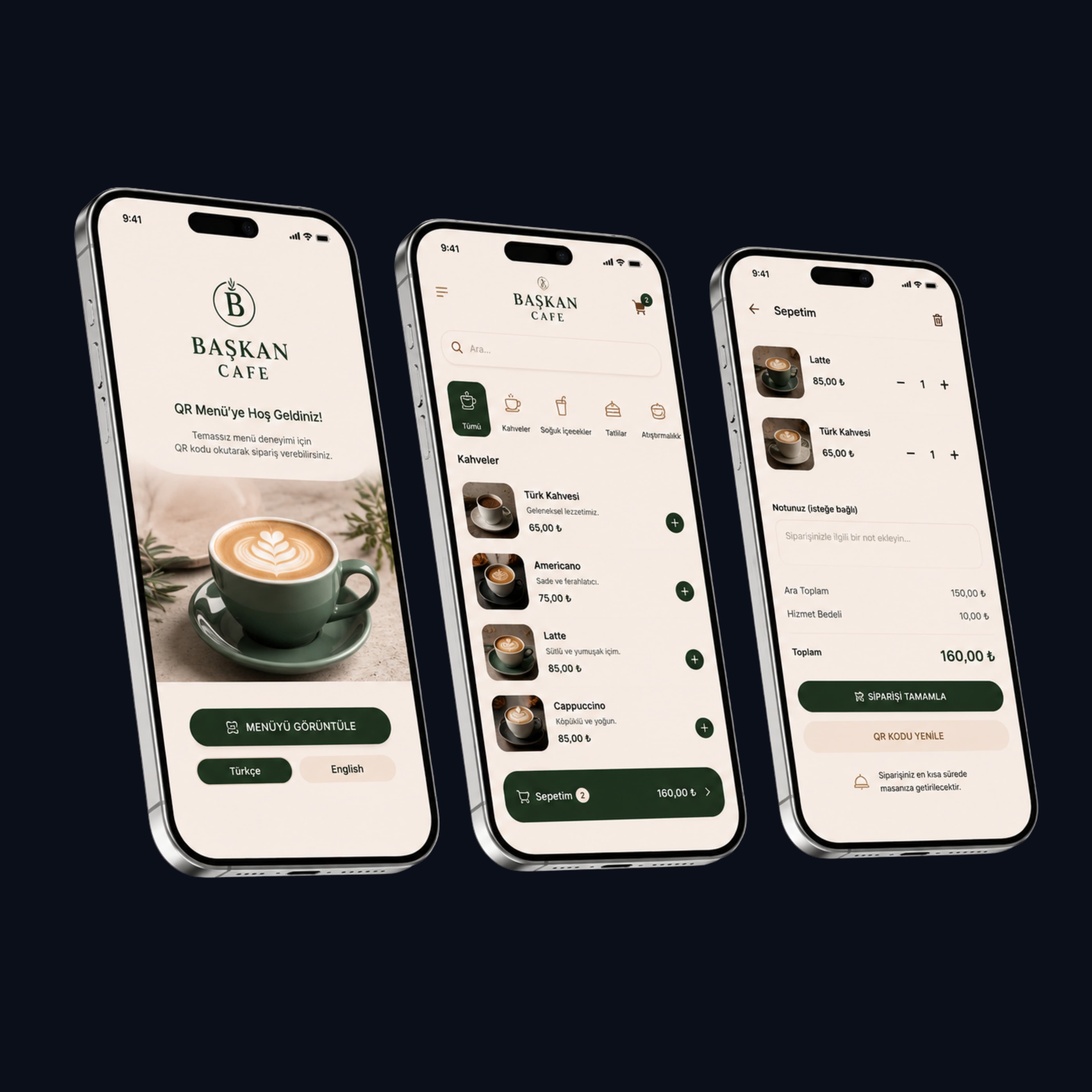 QR Menü Sistemi — UI/UX tasarım mockup
