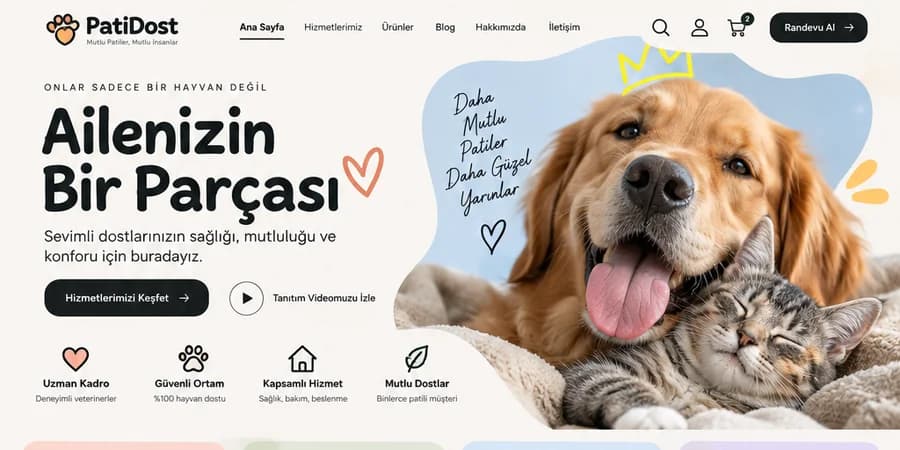 PatiDost Evcil hayvan mağazası web sitesi şablonu önizlemesi