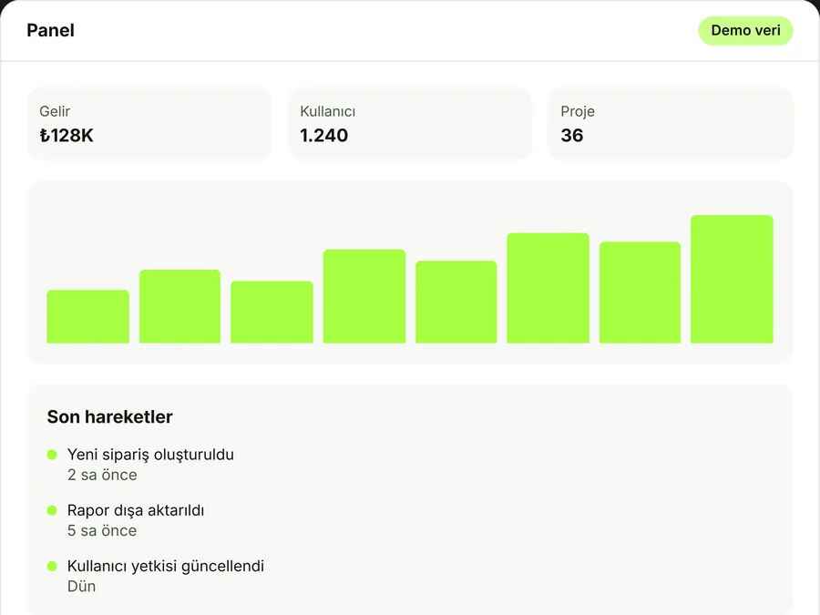 HAYB örnek yönetim paneli: gelir, kullanıcı ve proje özeti ile grafik