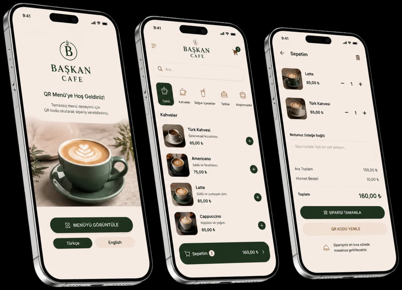 QR Menü Sistemi mobil menü ekranları