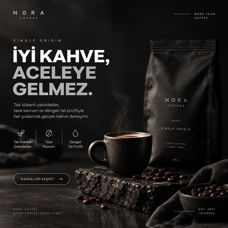 Kahve markası için koyu temalı örnek post şablonu